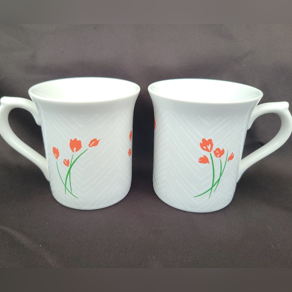 Spring Floral Coffee Mug Set White Red Tulip Chevron Accents Korea Made Easter